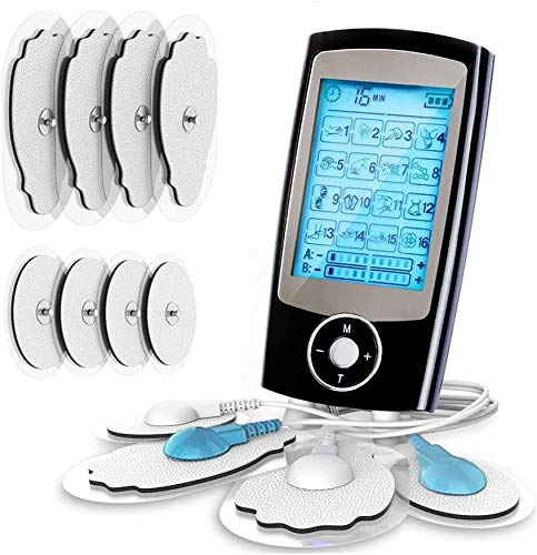 Electroestimulador digital, para aliviar el dolor muscular y el fortalecimiento muscular, masaje, EMS, TENS, pantalla LCD azul,8 electrodos autoadhesivos, 16 Programas de masaje