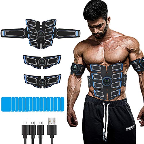 Electroestimulador Muscular Abdominales, EMS Estimulador Muscular Abdominales Cinturón, ABS Trainer Muscular USB Recargable para Bdomen/Brazo/Piernas/Glúteos,Almohadillas de Gel 16pcs