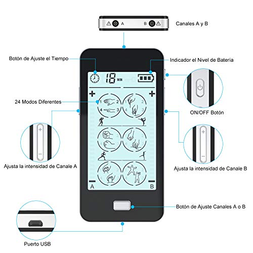 Electroestimulador Muscular Digital,Masaje EMS TENS 24 Modes Pantalla Táctil,2 Canales A y B para Dos Personal Usar Mientras, 20 Niveles, 8 Electrodos Autoadhesivos para Aliviar el Dolor Muscular Electroestimulador Muscular Digital,Masaje EMS TENS 24 Modes Pantalla Táctil,2 Canales A y B para Dos Personal Usar Mientras, 20 Niveles, 8 Electrodos Autoadhesivos para Aliviar el Dolor Muscular
