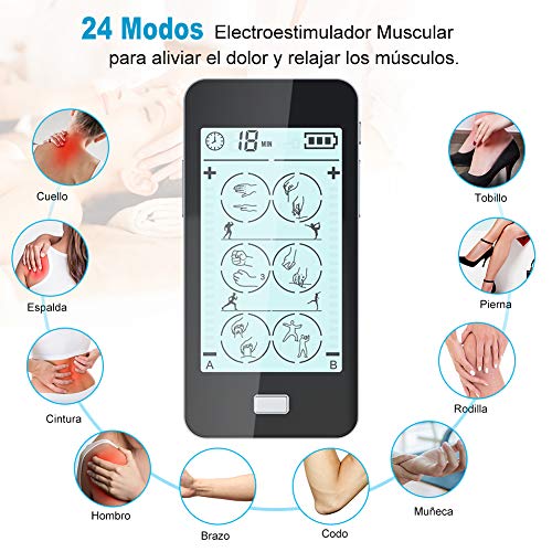 Electroestimulador Muscular Digital,Masaje EMS TENS 24 Modes Pantalla Táctil,2 Canales A y B para Dos Personal Usar Mientras, 20 Niveles, 8 Electrodos Autoadhesivos para Aliviar el Dolor Muscular