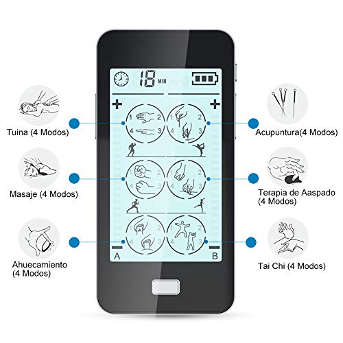 Electroestimulador Muscular Digital,Masaje EMS TENS 24 Modes Pantalla Táctil,2 Canales A y B para Dos Personal Usar Mientras, 20 Niveles, 8 Electrodos Autoadhesivos para Aliviar el Dolor Muscular