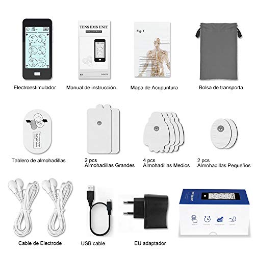 Electroestimulador Muscular Digital,Masaje EMS TENS 24 Modes Pantalla Táctil,2 Canales A y B para Dos Personal Usar Mientras, 20 Niveles, 8 Electrodos Autoadhesivos para Aliviar el Dolor Muscular