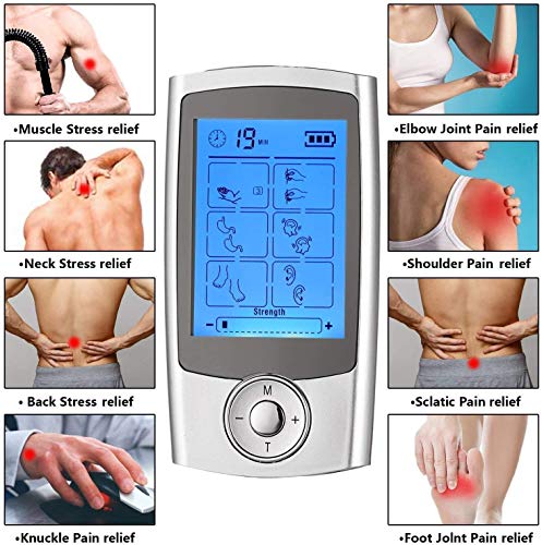 Electroestimuladores TENS/EMS Digital Masaje Portatil, 2 Canales Estimulador Muscular Recargable Masajeador Electro para Alivio del Dolor de Cervical/Piernas/Abdominal/Cuello (16 Modos 8 Pads)