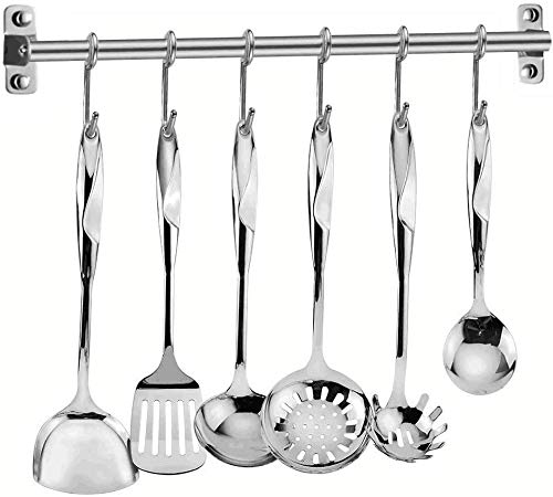Elegant Life Juego de utensilios de cocina de acero inoxidable, 7 piezas, 6 utensilios de cocina con 6 ganchos, con espátula, utensilios de cocina resistentes al calor