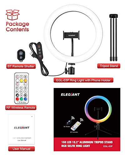 ELEGIANT Aro de Luz Trípode LED, Anillo de Luz 26 Colores RGB de 10.2" 3 Modos de iluminación, Brillo Ajustable con Control Remoto Inalámbrico para Selfie Fotografía Youtube Maquillaje para Móvil