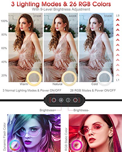 ELEGIANT Aro de Luz Trípode LED, Anillo de Luz 26 Colores RGB de 10.2" 3 Modos de iluminación, Brillo Ajustable con Control Remoto Inalámbrico para Selfie Fotografía Youtube Maquillaje para Móvil ELEGIANT Aro de Luz Trípode LED, Anillo de Luz 26 Colores RGB de 10.2" 3 Modos de iluminación, Brillo Ajustable con Control Remoto Inalámbrico para Selfie Fotografía Youtube Maquillaje para Móvil