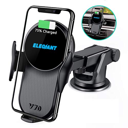 ELEGIANT Cargador Inalámbrico Rápido Coche 10W Qi con Soporte de Carga Inductivo 2 en 1 Sostenedor para Celular Móvil con Ventilador de para iPhone XS/XR/X / 8/8 + Samsung S9 / S8 y Otros Qi