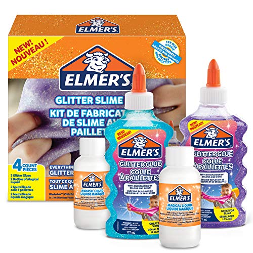 Elmer’s Kit Slime con Purpurina, pegamento morado y azul + 2 botellas de activador líquido mágico, 4 unidades