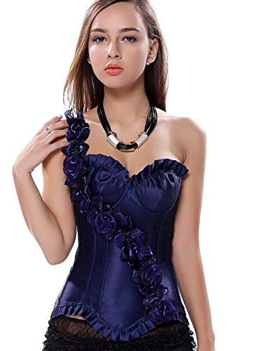 Elodiey Mujeres Fajas Burlesque Floral Hombro Bustier Corsé La De Negocios Boda Chaleco del Cuerpo Superior Tetona Traje Vasco Corsage Ramillete Rojo Azul Negro (Color : Azul, Size : XL/W75-80cm)