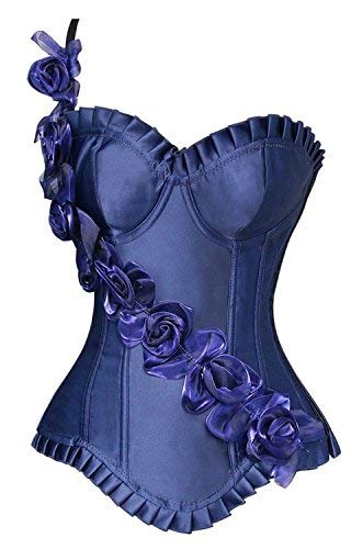 Elodiey Mujeres Fajas Burlesque Floral Hombro Bustier Corsé La De Negocios Boda Chaleco del Cuerpo Superior Tetona Traje Vasco Corsage Ramillete Rojo Azul Negro (Color : Azul, Size : XL/W75-80cm)