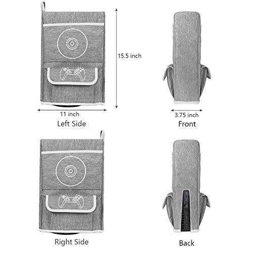Elygo Cubierta Antipolvo para PS5,Funda Protectora para Sony Playstation 5,Antiarañazos a Prueba de Agua,Soporte para PS5,Controladores y 12 Discos de Juegos (Gris)