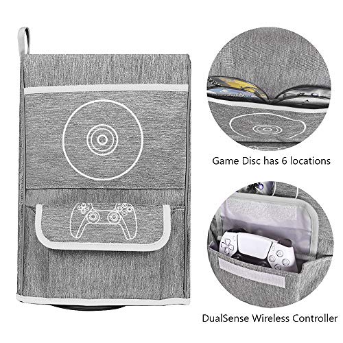 Elygo Cubierta Antipolvo para PS5,Funda Protectora para Sony Playstation 5,Antiarañazos a Prueba de Agua,Soporte para PS5,Controladores y 12 Discos de Juegos (Gris)