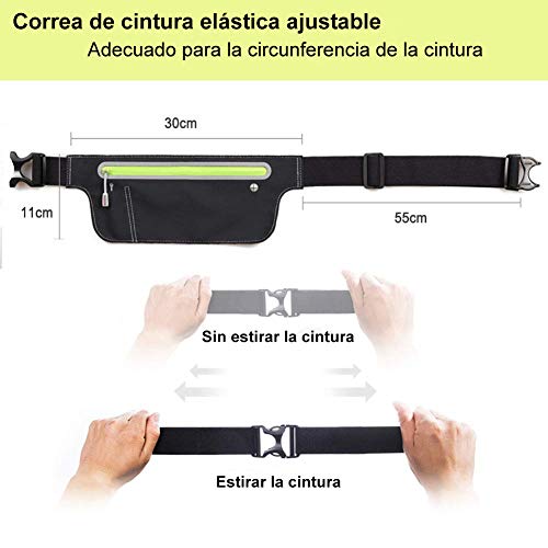 EMIUP Riñonera Running Deportiva,Riñonera Cinturón Running Impermeable Bolsillos con Cierre Cremallera,Tiras Reflectantes y Tiras Ajustables para Deportes al Aire Libre(Negro)