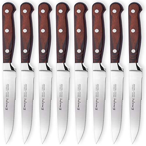 Emojoy Juego de 8 cuchillos de carne,Acero Inoxidable Cubiertos para Carne con Hoja en Ambos Lados y ergonómico Pakka Mango de Madera Emojoy Juego de 8 cuchillos de carne,Acero Inoxidable Cubiertos para Carne con Hoja en Ambos Lados y ergonómico Pakka Mango de Madera