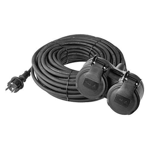 Emos H07RR-F3G - Cable alargador con 2 enchufes Schuko (10 m, Doble alargador, 2 Conectores Hembra, Cable de Goma para Exteriores, IP44, 1,5 mm2)