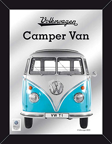 Empire Merchandising 671806 Volkswagen, Escarabajo, Bulli, Camper Van Azules, Espejo con decoración y Marco imitación Madera, tamaño 30 x 40 cm