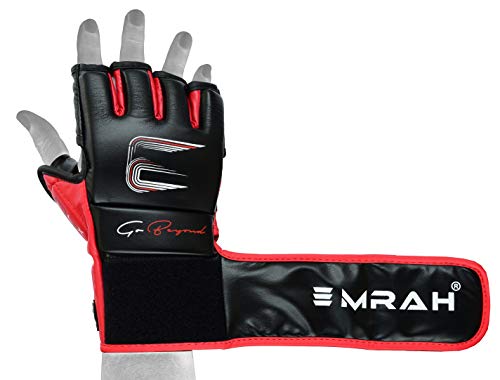 EMRAH Cuero Robusto Piel Agarrar MMA Guantes Jaula Lucha Sparring MMA Gloves Guante Entrenamiento F7W (Negro/Rojo, Grande)