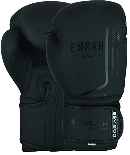 EMRAH ESV-300 Guantes de Boxeo Muay Thai Training Hide Leather Sparring Sacos de Boxeo Mitones Kickboxing Lucha (Negro Mate, 10 oz)
