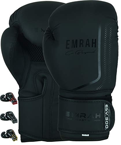 EMRAH ESV-300 Guantes de Boxeo Muay Thai Training Hide Leather Sparring Sacos de Boxeo Mitones Kickboxing Lucha (Negro Mate, 10 oz)