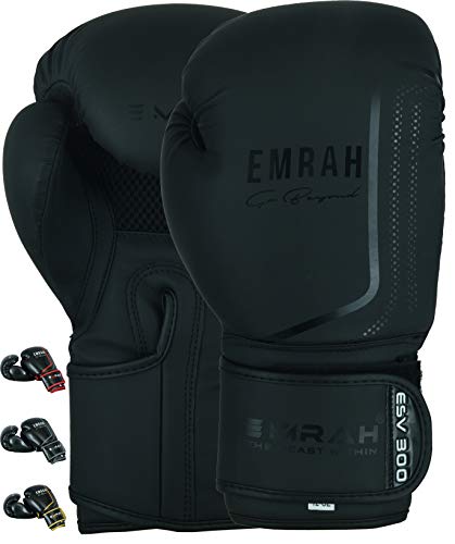 EMRAH ESV-300 Guantes de Boxeo Muay Thai Training Hide Leather Sparring Sacos de Boxeo Mitones Kickboxing Lucha (Negro Mate, 16 oz)