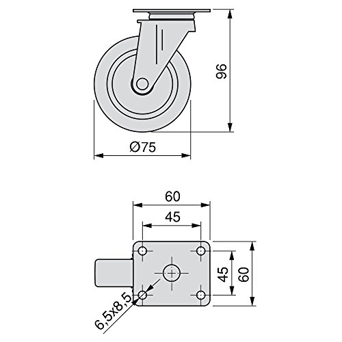 Emuca - Lote de 4 ruedas pivotantes para mueble Ø75mm con placa de montaje y rodamiento de bolas, ruedas de goma para muebles color gris Emuca - Lote de 4 ruedas pivotantes para mueble Ø75mm con placa de montaje y rodamiento de bolas, ruedas de goma para muebles color gris