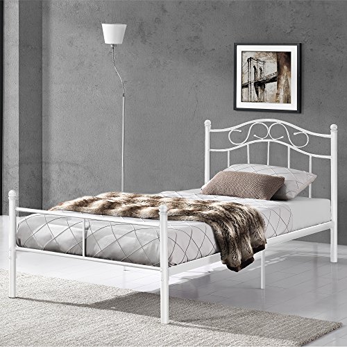 [en.casa] Cama de Metal 90x200 Blanca Armazón Cama Estructura Base con Somier