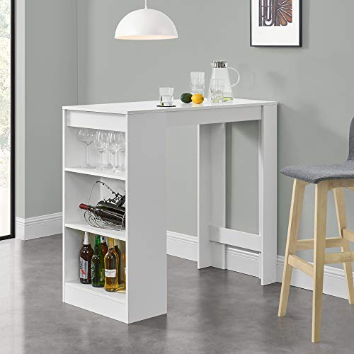 [en.casa] Mesa de Bar de Bistro Elegante 110 x 50 x 103 cm Mesa Alta Cocina Barra integrada para Bebidas con 3 Estantes Blanco