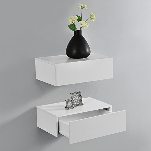 [en.casa] Set de 2 Mesitas de Noche de Pared con cajón - Blanco Mate - 46x30x15cm