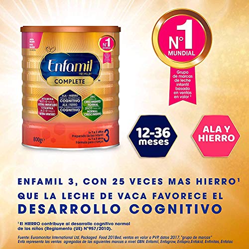 Enfamil Complete 3 - Leche infantil de continuación para lactantes niños de 1 a 3 años - Pack mensual de 4 latas x 800 gr