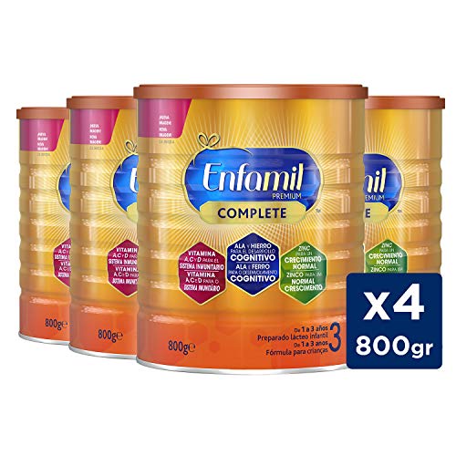 Enfamil Complete 3 - Leche infantil de continuación para lactantes niños de 1 a 3 años - Pack mensual de 4 latas x 800 gr