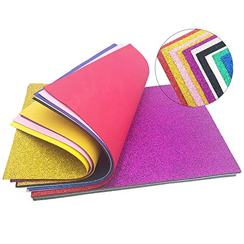 ENGESTON 30 Hojas Gomaespuma Glitter Papel Goma Eva para decoración, 10 colores surtidos, espuma EVA con purpurina en de 20 x 30 cm con 4 plantillas para proyectos de manualidades para niños