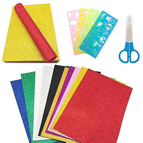 ENGESTON 30 Hojas Gomaespuma Glitter Papel Goma Eva para decoración, 10 colores surtidos, espuma EVA con purpurina en de 20 x 30 cm con 4 plantillas para proyectos de manualidades para niños