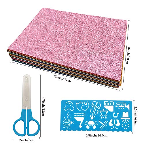 ENGESTON 30 Hojas Gomaespuma Glitter Papel Goma Eva para decoración, 10 colores surtidos, espuma EVA con purpurina en de 20 x 30 cm con 4 plantillas para proyectos de manualidades para niños