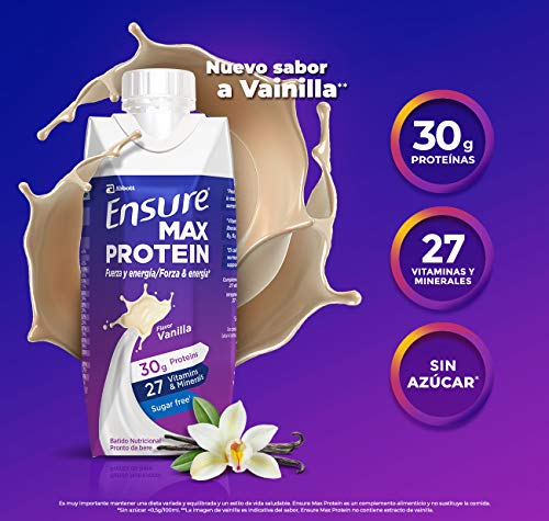 Ensure Max Protein - Alto contenido en proteínas, batido nutricional, sabor a vainilla - Pack 8 x 330 ml Ensure Max Protein - Alto contenido en proteínas, batido nutricional, sabor a vainilla - Pack 8 x 330 ml