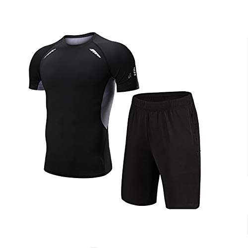 Entrenamiento Ropa Set De manga corta camiseta de verano Fajas delgada de los hombres de Ajustados la ropa interior del corsé de Deportes for los músculos abdominales Serigrafía Negro y gris de 2 piez