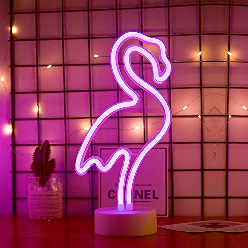 ENUOLI LED flamenco de neón muestras de la luz Los signos de neón Lámparas flamenco luces de neón de la decoración del sitio de la batería y USB Operación Luces de la noche con pedestal de neón rosad