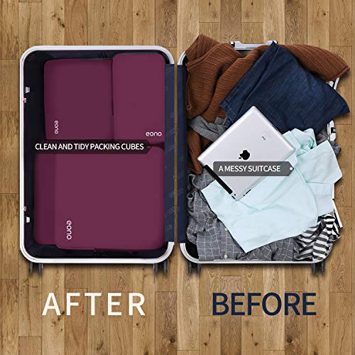Eono by Amazon - Organizadores de Viaje de compresión expandibles, Impermeable Organizador para Maletas, Organizador de Equipaje, Cubos de Embalaje, Compression Packing Cubes, Borgoña, 4 Set Eono by Amazon - Organizadores de Viaje de compresión expandibles, Impermeable Organizador para Maletas, Organizador de Equipaje, Cubos de Embalaje, Compression Packing Cubes, Borgoña, 4 Set