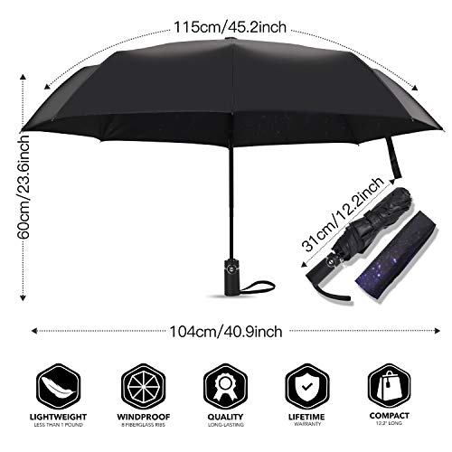 Eono by Amazon - Paraguas Plegable Automático Impermeable, Paraguas de Viaje Compacto a Prueba de Viento, Folding Umbrella, Recubrimiento de Teflón, Dosel Reforzado, Mango Ergonómico, Galaxia