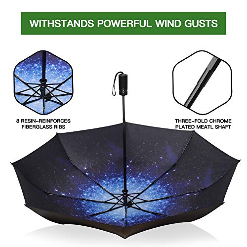 Eono by Amazon - Paraguas Plegable Automático Impermeable, Paraguas de Viaje Compacto a Prueba de Viento, Folding Umbrella, Recubrimiento de Teflón, Dosel Reforzado, Mango Ergonómico, Galaxia