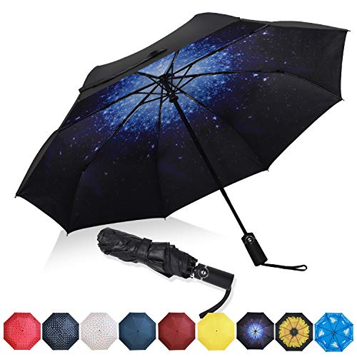 Eono by Amazon - Paraguas Plegable Automático Impermeable, Paraguas de Viaje Compacto a Prueba de Viento, Folding Umbrella, Recubrimiento de Teflón, Dosel Reforzado, Mango Ergonómico, Galaxia