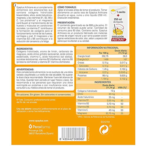 Epaplus Articulaciones Colágeno + Silicio + Ácido Hialurónico INSTANT (668gr, sabor limón)