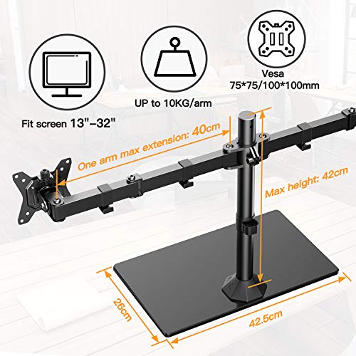 ErGear Dual Soporte para Monitor para pantallas de 13”- 32” con Base Ancha Construcción Sólida Dual Brazo Monitor Movimiento Suave Inclinación ± 45 ° Giratorio 180 ° Rotación 360 ° Peso Máx. 10 kg