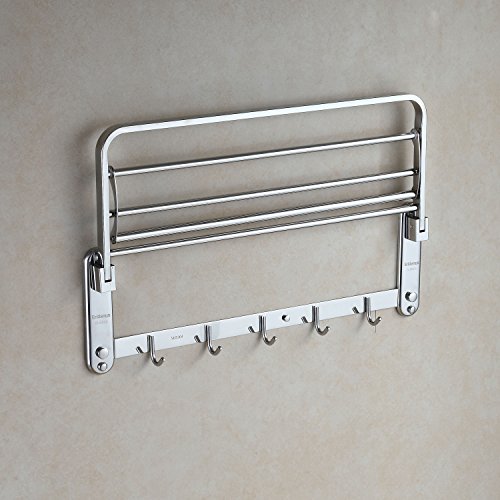 Eridanus Estante de Toallas, Toallero Doble Plegable de Acero Inoxidable de Pared, Estantería de Almacenamiento para Baño con Barras y Ganchos(60x19x24cm)