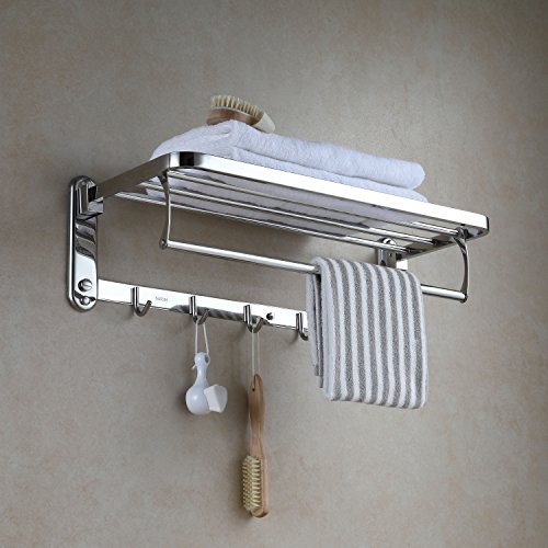 Eridanus Estante de Toallas, Toallero Doble Plegable de Acero Inoxidable de Pared, Estantería de Almacenamiento para Baño con Barras y Ganchos(60x19x24cm)