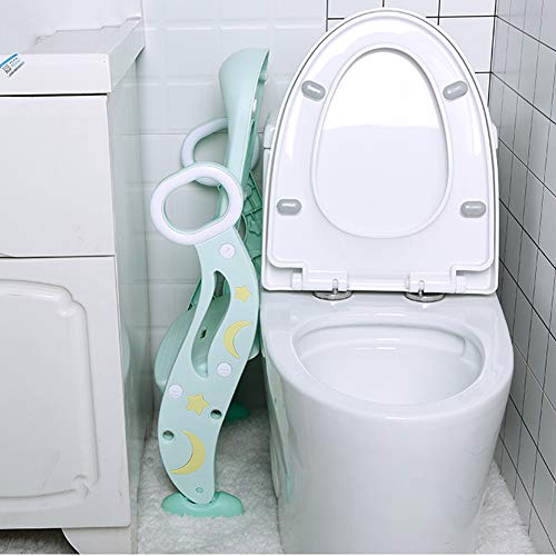 Escalera wc, Adaptador wc Niños, 2 Escalones y Agarraderas Grandes, Antideslizante, Plegable, Altura Ajustable para 1-8 niños (Verde)