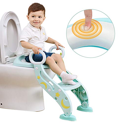 Escalera wc, Adaptador wc Niños, 2 Escalones y Agarraderas Grandes, Antideslizante, Plegable, Altura Ajustable para 1-8 niños (Verde)