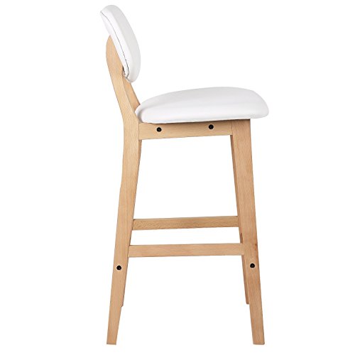 eSituro 2X Taburete de Bar Juego de 2 Silla de Cocina Asiento Tapizado con Respaldo Taburete Alto Cuero de Imitación Patas Madera para Cocina, Bar, Salon Blanco