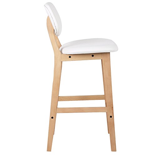 eSituro 2X Taburete de Bar Juego de 2 Silla de Cocina Asiento Tapizado con Respaldo Taburete Alto Cuero de Imitación Patas Madera para Cocina, Bar, Salon Blanco