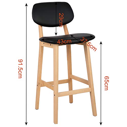 eSituro 2X Taburete de Bar Juego de 2 Silla de Cocina Asiento Tapizado con Respaldo Taburete Alto Cuero de Imitación Patas Madera para Cocina, Bar, Salon Blanco