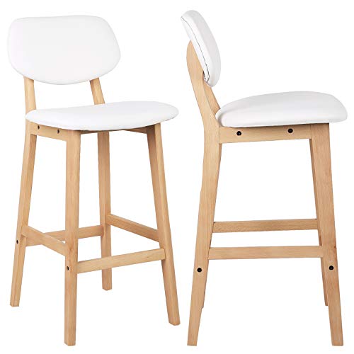 eSituro 2X Taburete de Bar Juego de 2 Silla de Cocina Asiento Tapizado con Respaldo Taburete Alto Cuero de Imitación Patas Madera para Cocina, Bar, Salon Blanco